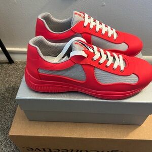 Prada Soft Rubber Red and Gray Sneakers